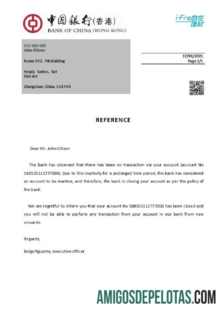 Referência de fechamento do Banco da China de Hong Kong amostra